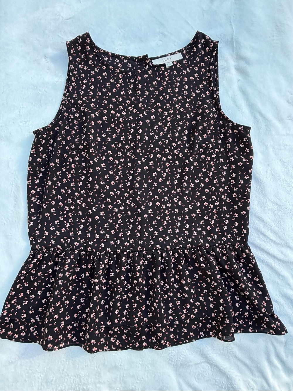 LOFT Black Sleeveless Peplum Top with Pink Floral Print